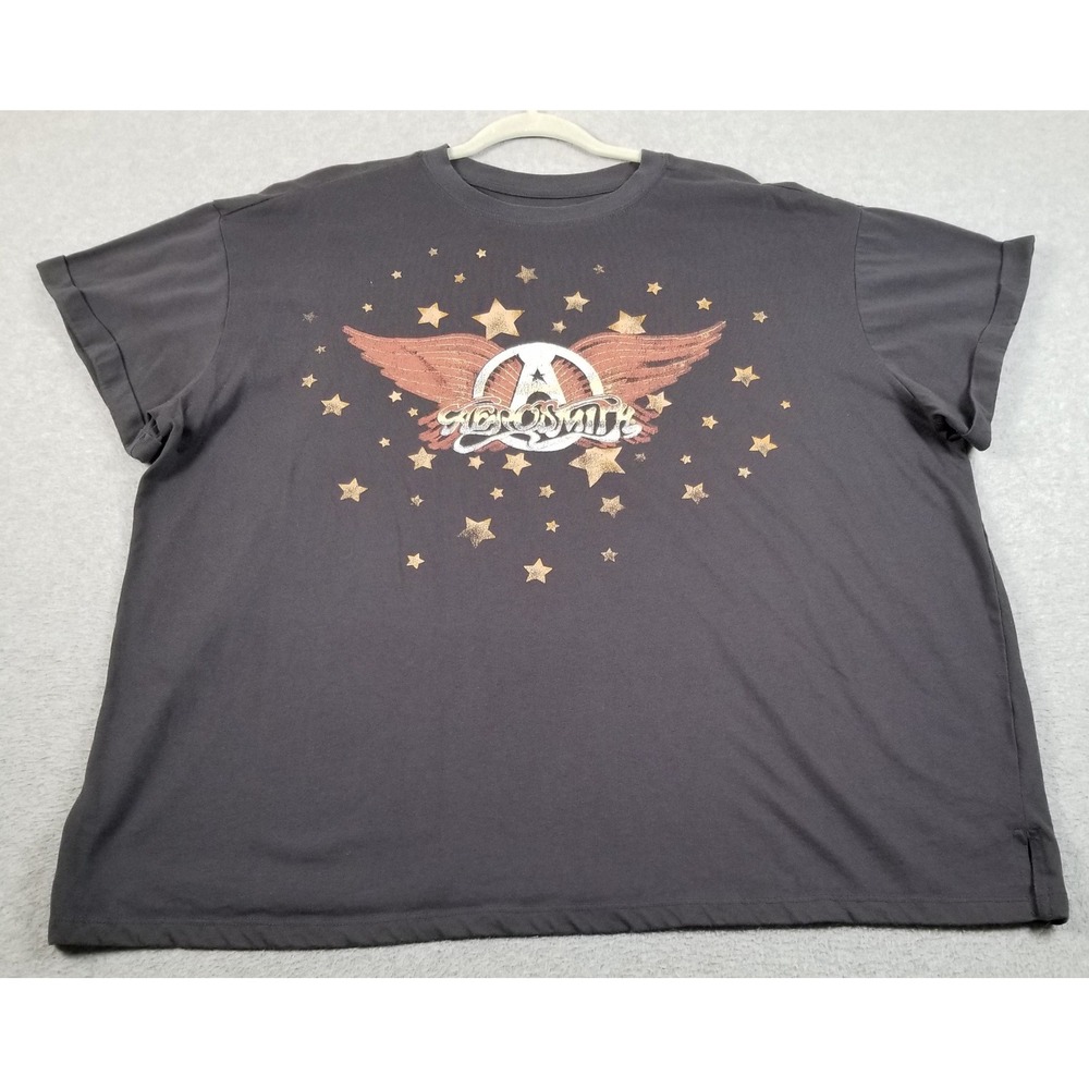Aerosmith Graphic T-Shirt Womens 1X Plus Gray Rock Band Tee Stars Short Sleeves